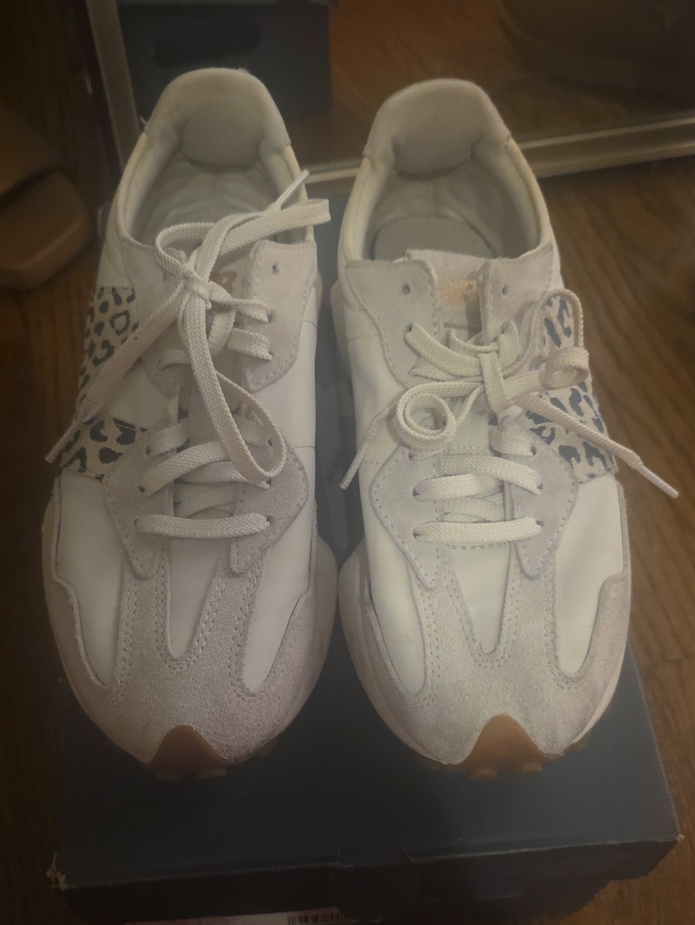 New Balance Women's White and Tan Leopard Accent Sneakers